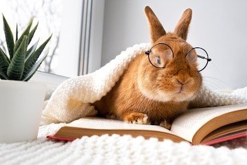 Bunny wearing glasses and reading book
