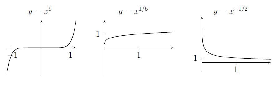 y=x^9 is very flat between -1 and 1, but quickly gets large outside that range. x^(1/5) grows at a rate that slows. x^(-1/2) is very large near zero and falls down to zero.