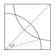 A square with two arcs drawn from opposite corners, overlappin in the middle. The angle between the line joining the corners and the point where the arcs cross is labelled alpha