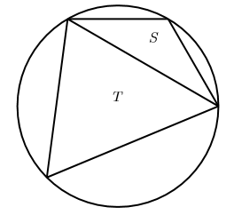 A circle inscribed with two triangles S and T joined by one edge together forming a quadrilateral.