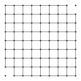 An 8 by 8 grid of squares with two opposite corner squares removed