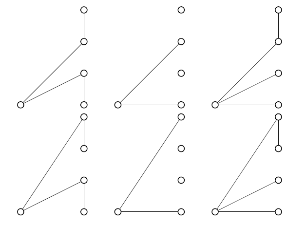 Six possibilities. In the bottom row of three, the top group is connected to the hub via the top tip, and in the other row the top group is connected to the hub via the second tip. The three cases in each row are for the three possible 2-spans below