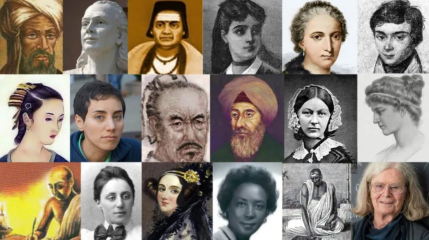 Portraits of a diverse range of well-known mathematicians, past and present