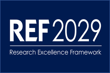 The words 'REF 2029, Research Excellence Framework' in white on a navy background
