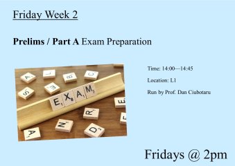 A blue poster advertising the details of the Week 2 revision session