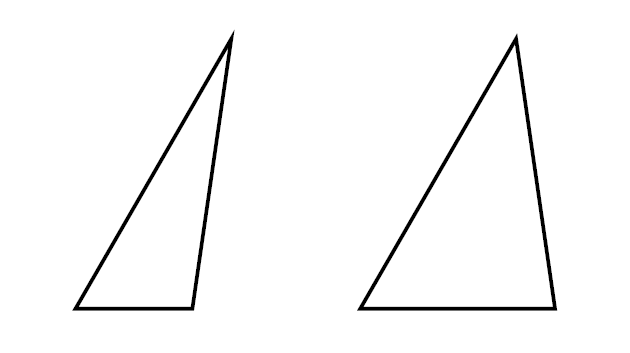 Two triangles, illustrating the solutions just found. Both have a 60-degree angle in the lower-left, two of the sides are the same length, but the base is a different length for each triangle.