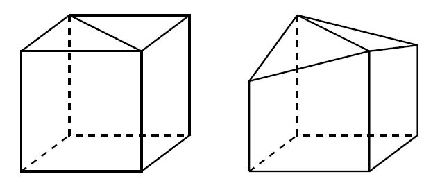 On the left, a cube with an extra edge diagonally across the top face. On the right, the same shape deformed a little, with the two top vertices that were not involved in this new edge moved vertically downwards slightly, causing the new top triangular faces to point away from each other slightly like the roof of a tent.