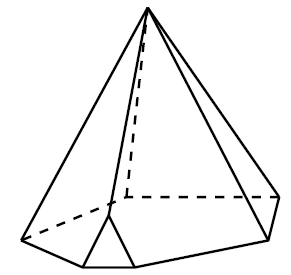 A pentagon-based pyramid standing on its base, but with one of the base corners cut off, producing a small triangular face, with three vertices there.