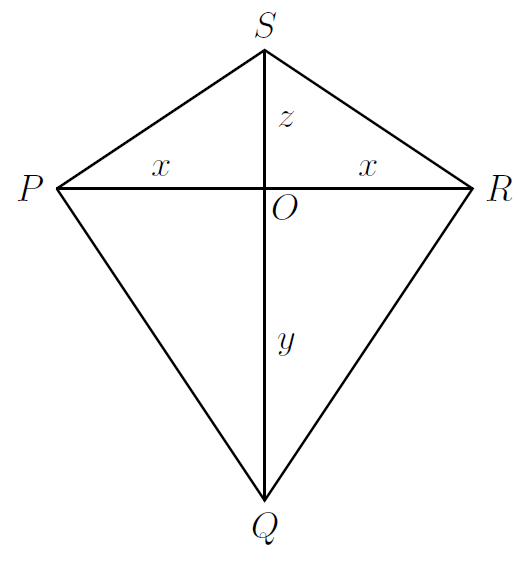 Diagram showing a kite PQRS, with line segments labelled as described in the text.