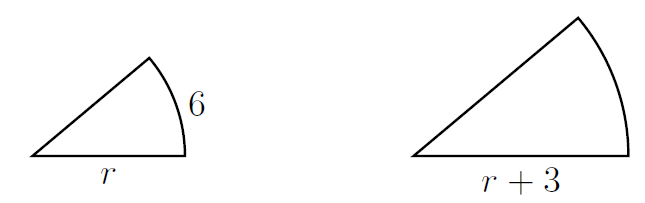 Diagram showing two sectors. The first has radius r and arclength 6. The second has radius r+3.