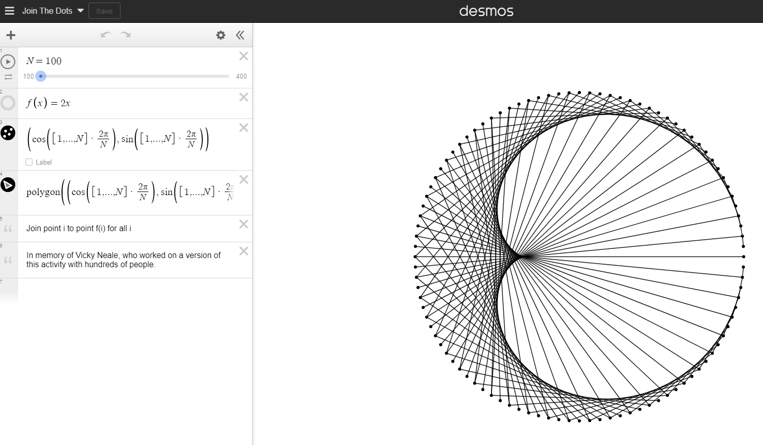 Screenshot of  a Desmos activity showing a circle of dots, with each one  connected to its double. The lines are all tangent to a heart-shaped curve inside the circle.