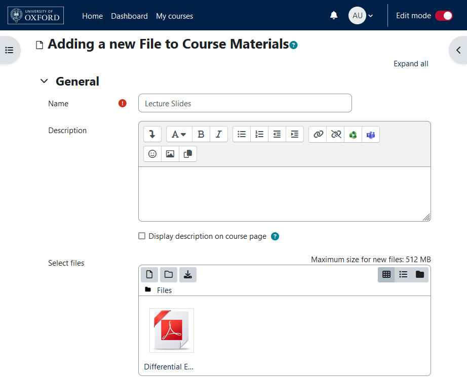 Screenshot showing the "Adding a new File" page in Moodle