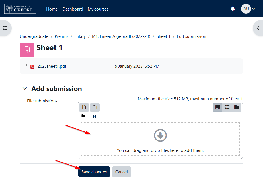 Screenshot showing the "Add submission" form, with arrows pointing to the file upload field and the "Save changes" button