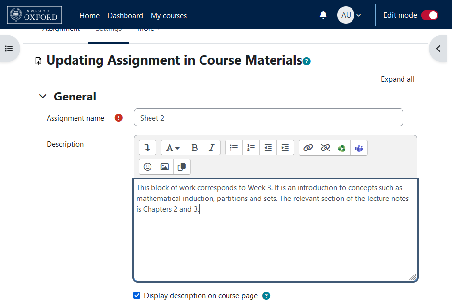 Screenshot showing the "Assignment name" and "Description" fields
