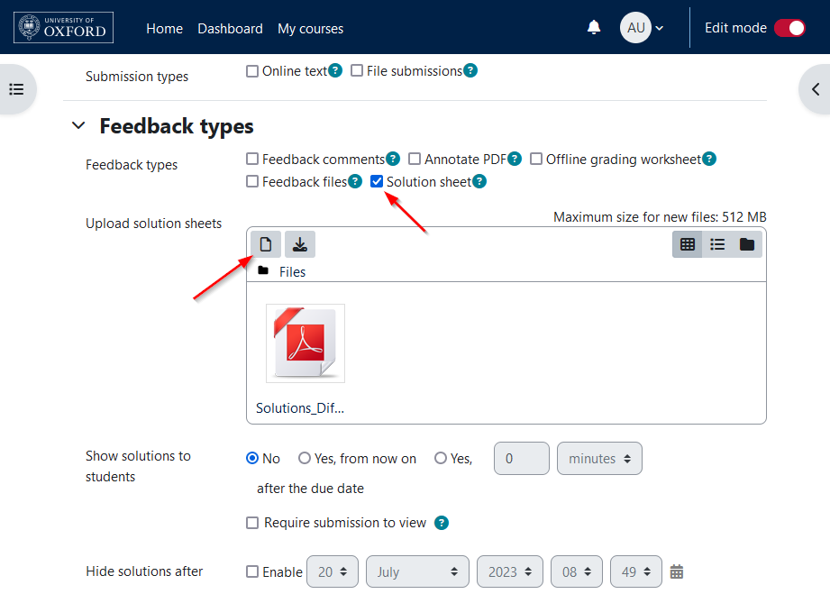 Screenshot showing the "Feedback types" section, with arrows pointing to the "Solution sheet" checkbox and the "Upload solution sheets" field
