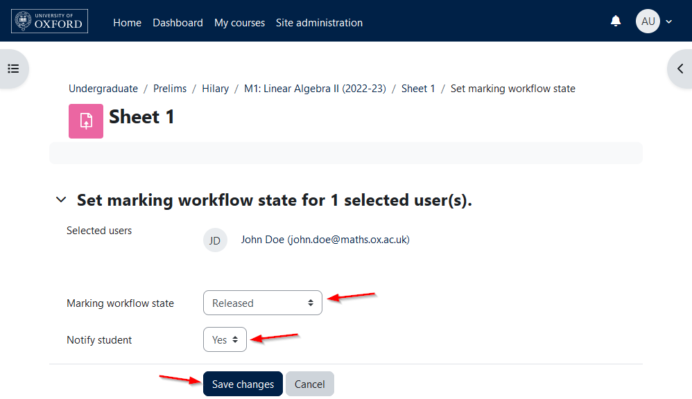 Screenshot of the "Set marking workflow state" form, with arrows pointing to "Workflow state", "Notify student" and "Save changes"