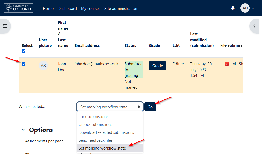 Screenshot of the submissions list, with the user ticked and arrows pointing to the checkbox, "Set marking workflow state" dropdown and "Go" button