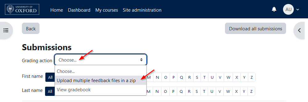 Screenshot showing the Submissions page, with the "Grading action" dropdown open, and an arrow pointing to "Upload multiple feedback files as a zip"
