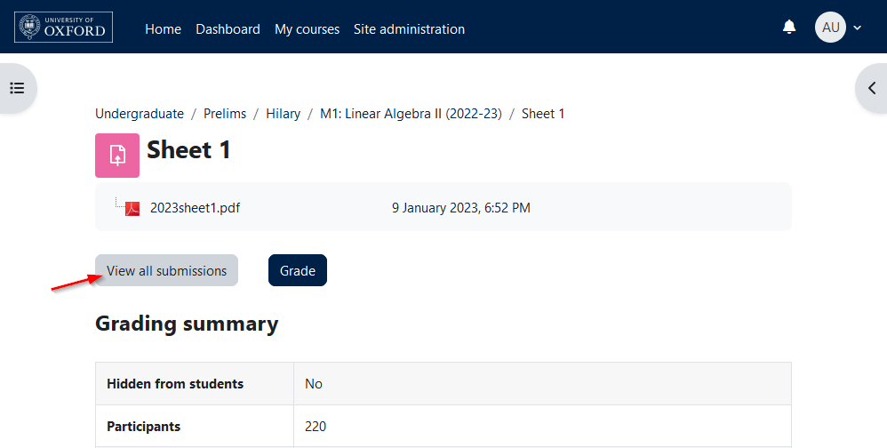 Screenshot showing Sheet 1 as a TA, with an arrow pointing to the "View all submissions" button