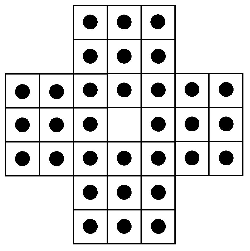 English solitaire board, initial configuration. 7x7 board, with 2x2 corners removed. Each square has a peg, except the middle square.