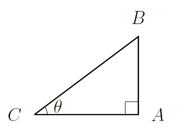Triangle ABC with a right angle at A, and the angle at C marked as theta.