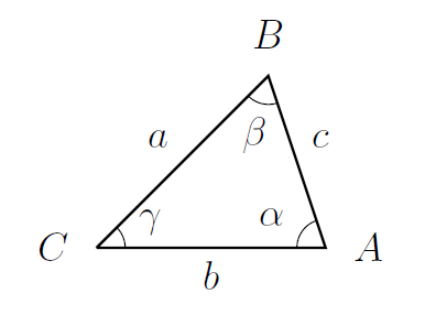 Triangle ABC, with sides and angles marked as described in the text immediately following this image.