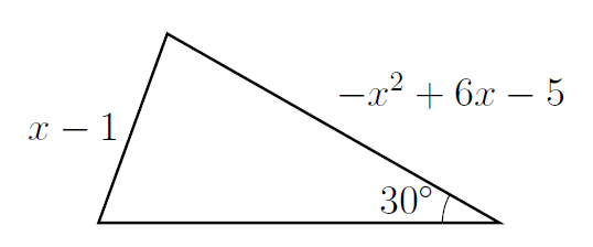A triangle with an angle of 30 degrees marked. The side opposite that angle is marked x - 1. One of the other sides is marked "minus x squared plus 6 x minus 5".