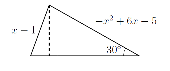 The triangle in the question, with a dashed line indicating the perpendicular height. This line goes from the top corner, where the two sides with defined lengths meet, down to the base of the triangle (where we do not know the side length).