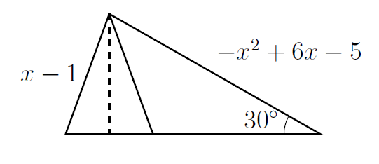 The same diagram as before, but with an additional line drawn inside the triangle. Like the side marked x-1 , this line starts at the top corner of the triangle. It's the reflection of the line marked x-1 in the dashed line. This forms a little isosceles triangle with the dashed line as its line of symmetry.