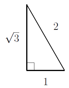 A right-angled triangle with sides 1 and root(3) and 2.