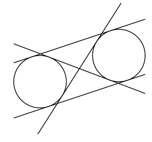 Two circles with the same radius, one to the top-right of the other, not overlapping. Four lines are drawn that are tangent to both circles.
