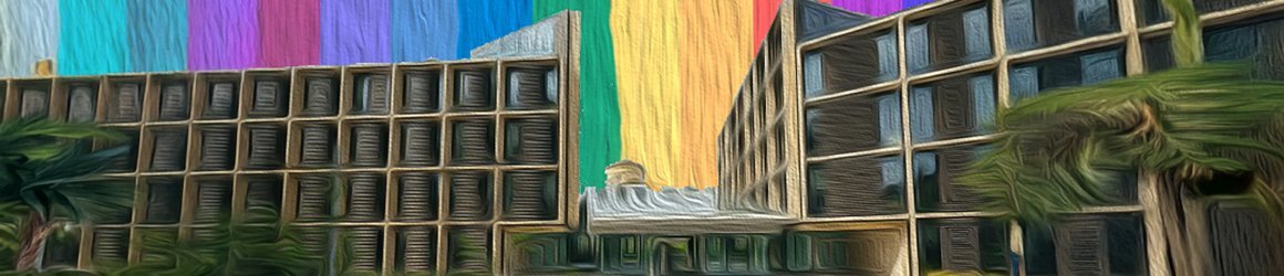 Generated image of the Andrew Wiles Building with colours from progress flags replacing the skyline behind