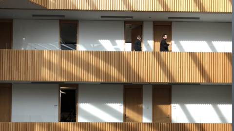 Escher staircase in the Oxford Mathematics Building with sun reflection