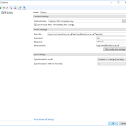 Image showing generic settings within a CalDAV synchroniser profile within Outlook