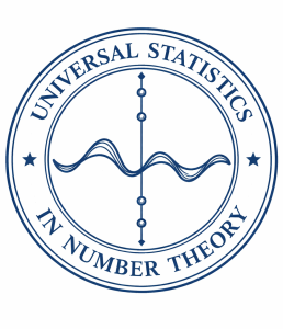 written "Universal Statistics in Number Theory" in vintage circular bookplate with a central vertical line with  and a wavy horiztonal line. 