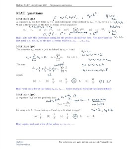 Screenshot from the MAT Livestream - solutions to the short MAT questions are written onto the page (see below for solutions). The relationship in MAT 2017 Q1C is explained in words as 