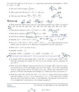 Notes from MAT livestream. Small diagrams of triangles are drawn onto the worksheet, illustrating a 30-60-90 triangle and a 45-45-90 triangle, and showing the triangle ABC with side lengths 2 and 3 with angle 120 degrees in between