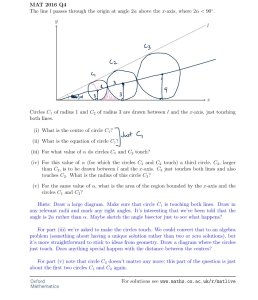 Annotated worksheet. Three circles are drawn onto the diagram for the long MAT question. The right-angles between the radii and the x-axis are marked.