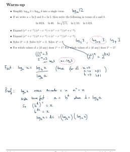 Notes on logarithms. The identity log_a(x)=log_b(x) / log_b(a) is stated and proved by writing a=b^d and a^c=x, then taking logs of everything.