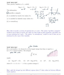 Solution for third question (see below) is annotated onto question sheet, and a sketch graph is drawn for the fourth question.