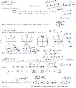 Solutions to some of the MAT warm-up questions are written onto the question sheet. James has drawn a quadratic to illustrate where (u-9)(u+1) is negative. Solutions are also typed below.