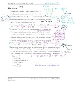 Solutions to warm-up problems written onto the question sheet. A diagram of x^4-x^2 is shown (looks like a W), with horizontal lines showing different lines y=-k. There are 2 sols if the line is above the local max, or if the line touches both local mins.