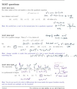Solutions to short MAT questions written onto the sheet (these are also typed up below). The quadratic a^2-4a+4 is sketched to show that it's positive unless a=2.