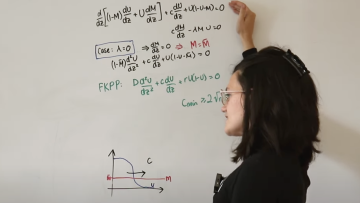 Image of Becky Crossley and a whiteboard full of maths