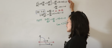 Image of Becky Crossley and a whiteboard full of maths