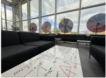 Common Room with writing on white tables
