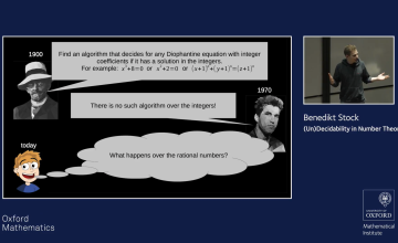 Image of Benedikt Stock giving his talk; and his slide which features David Hilbert, Yuri Matiyasevich and a cartoon of Benedikt himself.