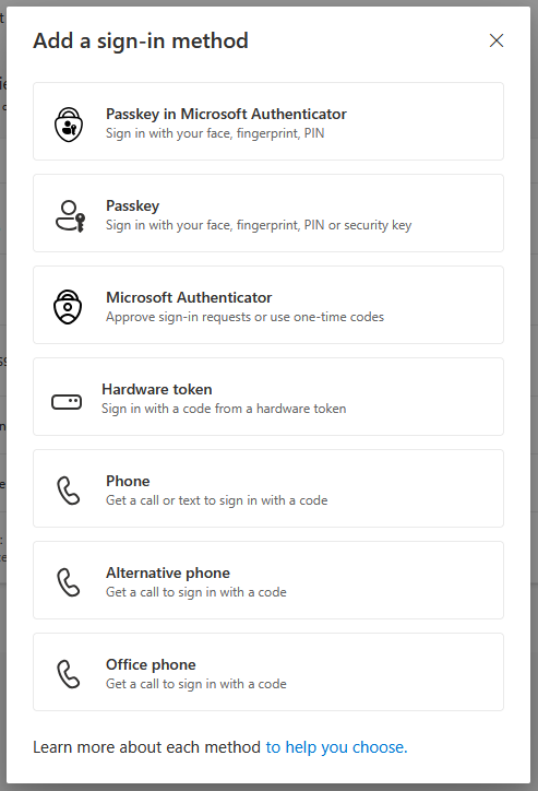 Screenshot of the "Add a sign-in method" screen