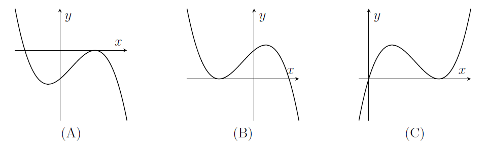 (A) falls, then rises, touches the x-axis from below, then falls. (B) falls, touches the x-axis, rises then falls. (C) rises, passes through the origin, falls, touches the x-axis, then rises.