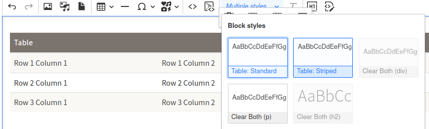 Screenshot of the Styles dropdown and a striped table